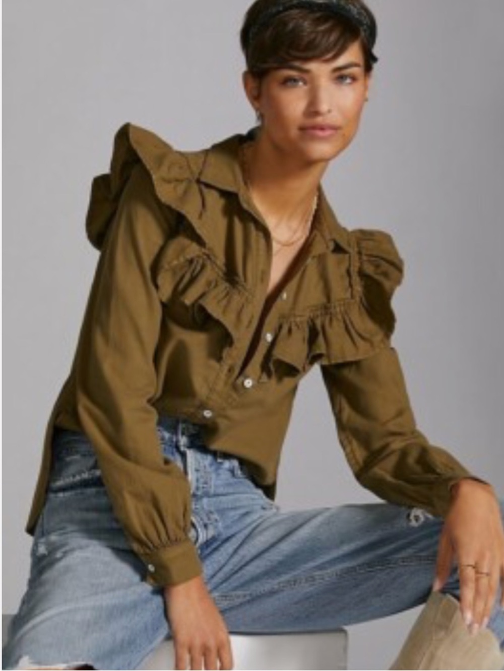 NWT Anthropologie Pilcro Ruffle Twill Button Down Blouse Size XS - Picture 2 of 6